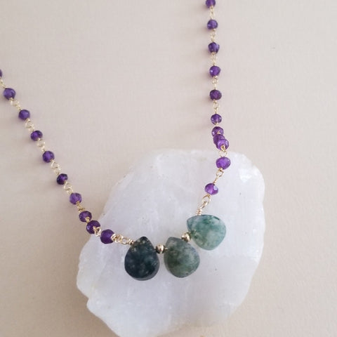 Beaded Amethyst Chain with Moss Agate Teardrops, Boho Jewelry