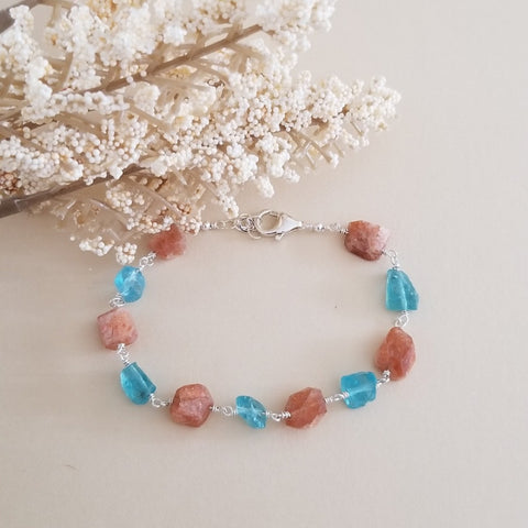 Handmade Raw Apatite and Sunstone Bracelet, Chunky Stone Bracelet, Gift for Her