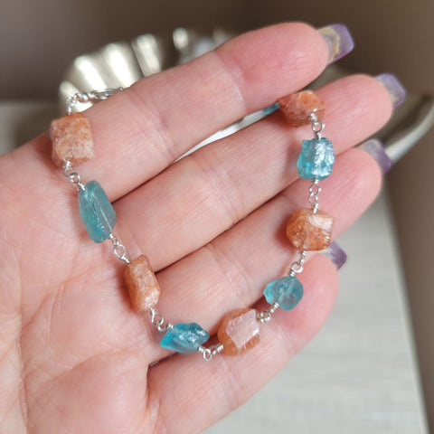 Handmade Raw Apatite and Sunstone Bracelet, Chunky Stone Bracelet