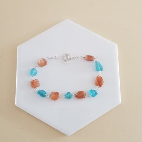 Handmade Raw Apatite and Sunstone Bracelet, Chunky Stone Bracelet, Gift for Her