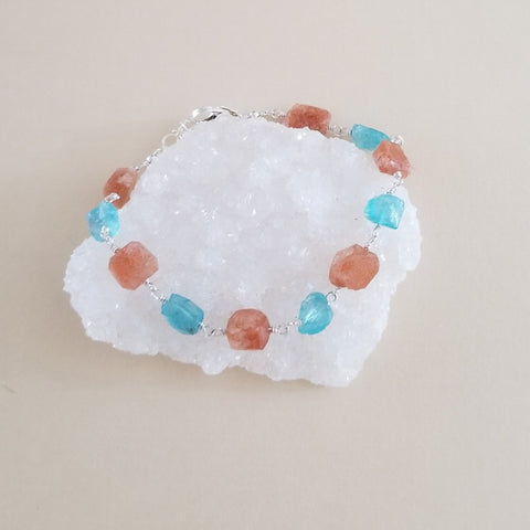 Handmade Raw Apatite and Sunstone Bracelet, Chunky Stone Bracelet, Stacking Bracelet