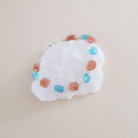 Handmade Raw Apatite and Sunstone Bracelet, Chunky Stone Bracelet, One of a Kind Gemstone Bracelet