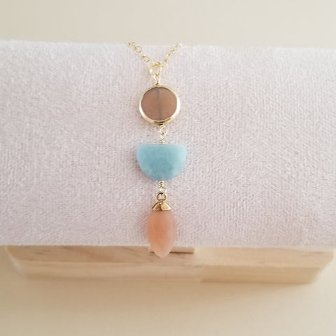 Aquamarine and Peach Moonstone Long Pendant Necklace, Boho Stone Necklace