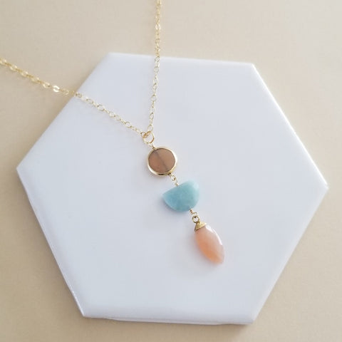 Aquamarine and Peach Moonstone Long Pendant Necklace, Boho Stone Necklace