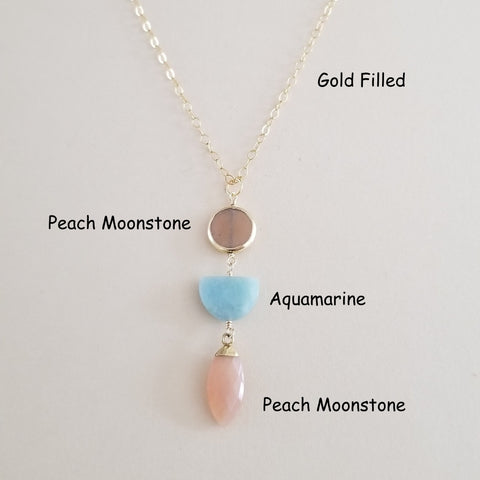 Aquamarine and Peach Moonstone Long Pendant Necklace, Boho Stone Necklace