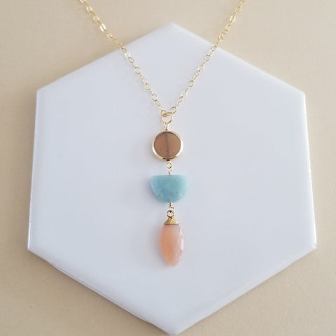 Aquamarine and Peach Moonstone Long Pendant Necklace, Boho Stone Necklace