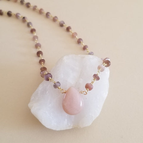 Handmade beaded brown moonstone  necklace with peach moonstone teardrop stone. Gift for her
