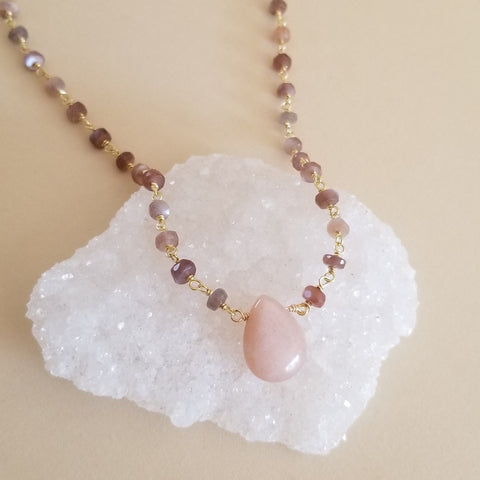 Handmade beaded brown moonstone  necklace with peach moonstone teardrop stone. Gift for her
