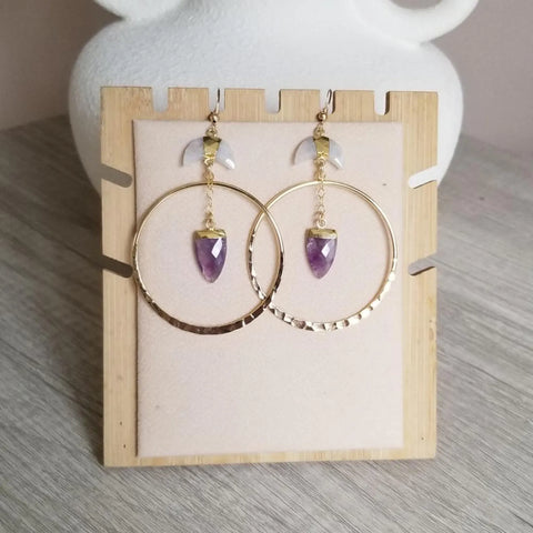 Gold Amethyst and Moonstone Hoop Earrings