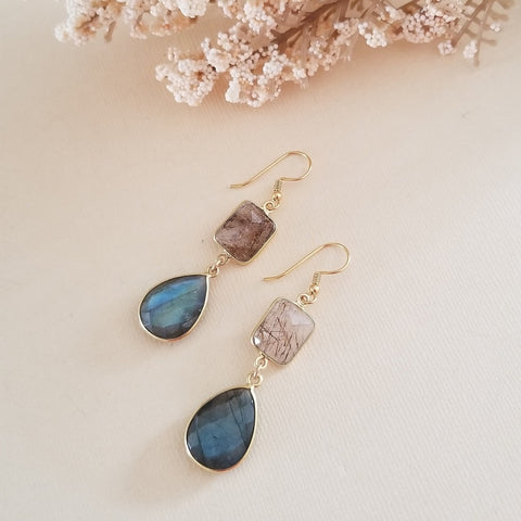 Unique gemstone earrings for women featuring copper rutilated quartz and labradorite teardrops, handmade boho dangle jewelry gift.