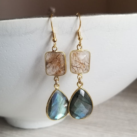 Labradorite and Copper Rutilated Quartz Earrings, Handmade Teardrop Dangle Earrings, Unique Gemstone Statement Jewelry Gift”