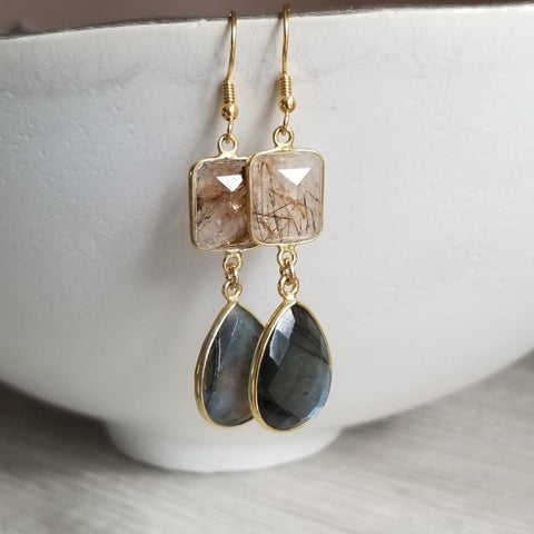 Unique gemstone earrings for women featuring copper rutilated quartz and labradorite teardrops, handmade boho dangle jewelry gift.