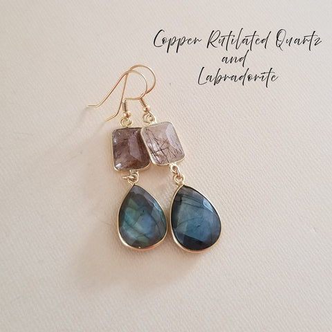 Labradorite and Copper Rutilated Quartz Earrings, Handmade Teardrop Dangle Earrings, Unique Gemstone Statement Jewelry Gift”