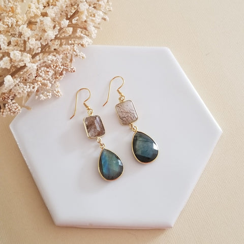 Unique gemstone earrings for women featuring copper rutilated quartz and labradorite teardrops, handmade boho dangle jewelry gift.