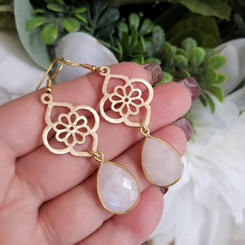 Bride Earrings, Brushed Gold Moonstone Flower Earrings