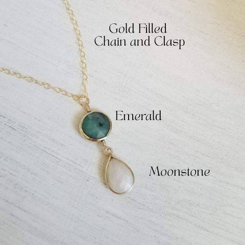 Emerald and Moonstone Pendant Necklace, Dainty Gold Chain Necklace