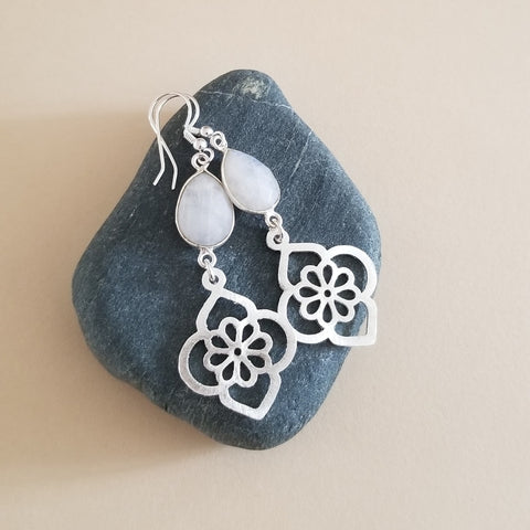 Brushed silver and moonstone dangle earrings for women