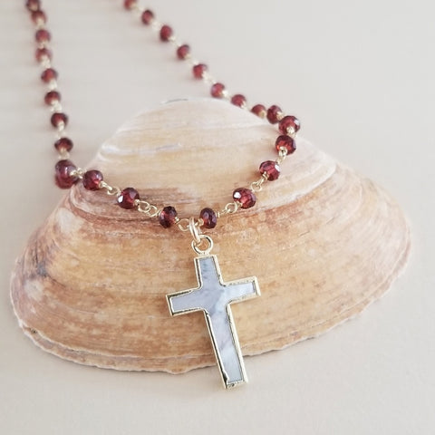 Beaded Garnet Chain Necklace with Mother of Pearl Cross Pendant