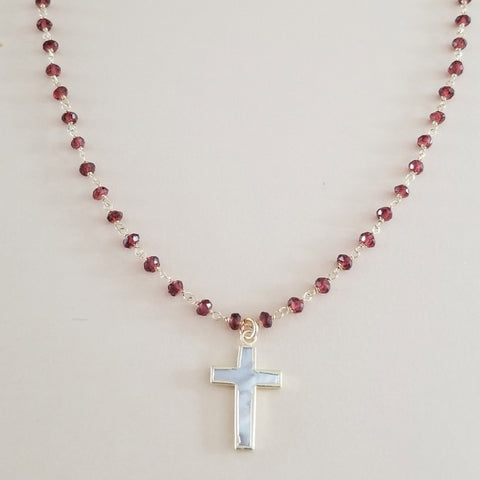 Beaded Garnet Chain Necklace with Mother of Pearl Cross Pendant