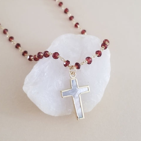 Beaded Garnet Chain Necklace with Mother of Pearl Cross Pendant
