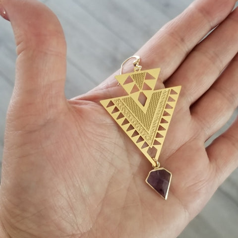 Gold Amethyst Triangle Earrings, Geometric Gemstone Earrings