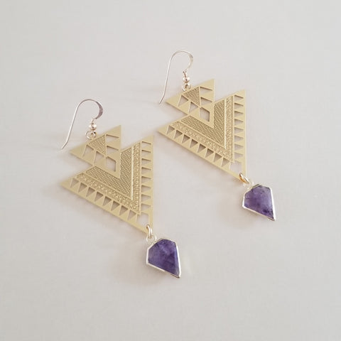 Gold Amethyst Triangle Earrings, Geometric Gemstone Earrings