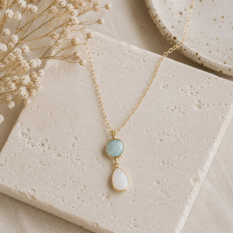 Aquamarine and Moonstone Pendant Necklace, Gold Filled Chain Necklace