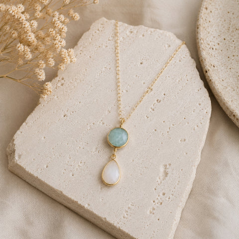 Aquamarine and Moonstone Pendant Necklace, Gold Filled Chain Necklace