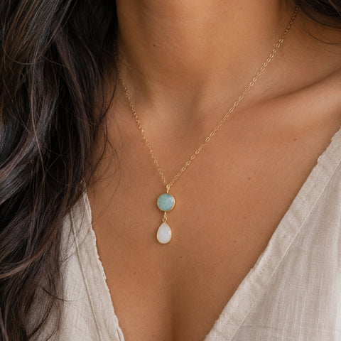 Aquamarine and Moonstone Pendant Necklace, Gold Filled Chain Necklace