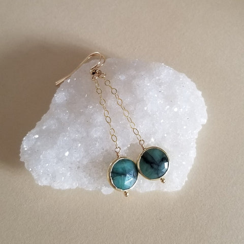 Raw Emerald Earrings, Long Gold Gemstone Earrings