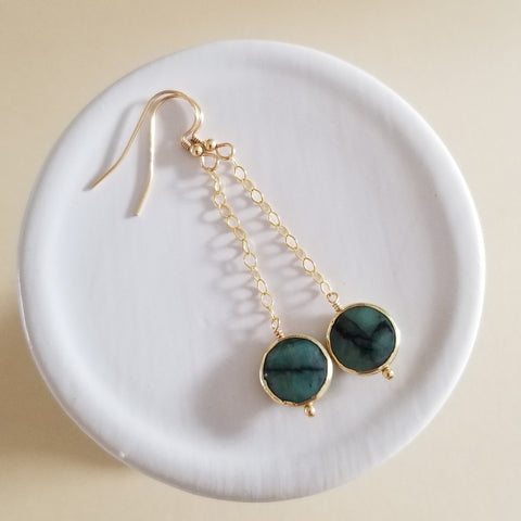 Raw Emerald Earrings, Long Gold Gemstone Earrings