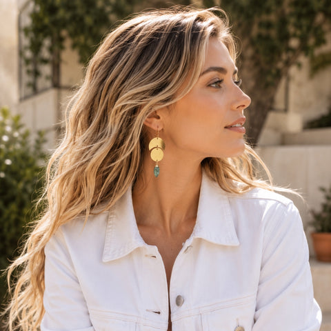 Gold Geometric Earrings with Raw Gemstone, Celestial Earrings