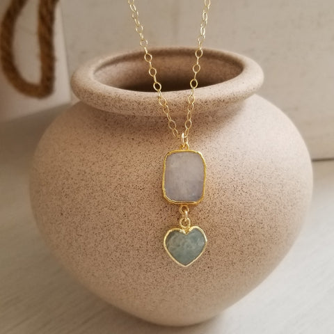 Moonstone and Aquamarine Heart Pendant Necklace, Boho Stone Necklace, March Birthstone, Gift for Her