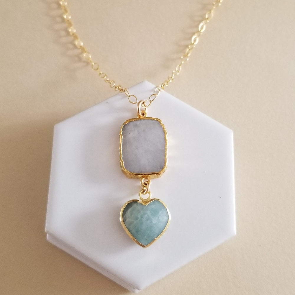 Moonstone and Aquamarine Heart Pendant Necklace, Boho Stone Gemstone Necklace
