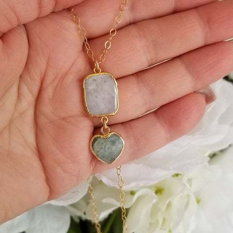 Handmade Moonstone and Aquamarine Necklace, Heart Pendant, Birthday Gift for Her
