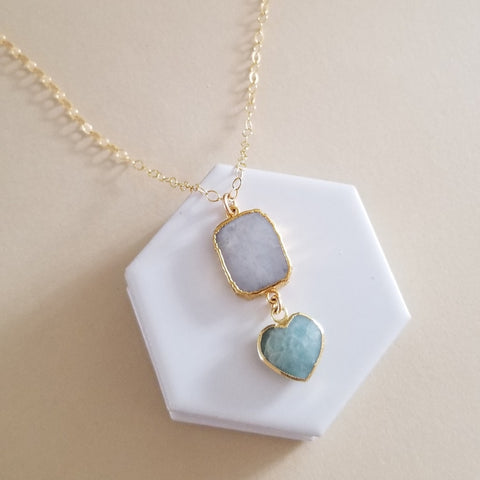 Handmade Moonstone and Aquamarine Necklace, Heart Pendant, Birthday Gift for Her