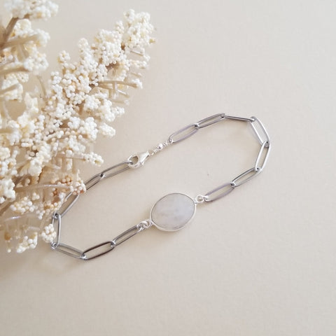 Moonstone Bracelet, Stainless Steel Paperclip Chain Bracelet