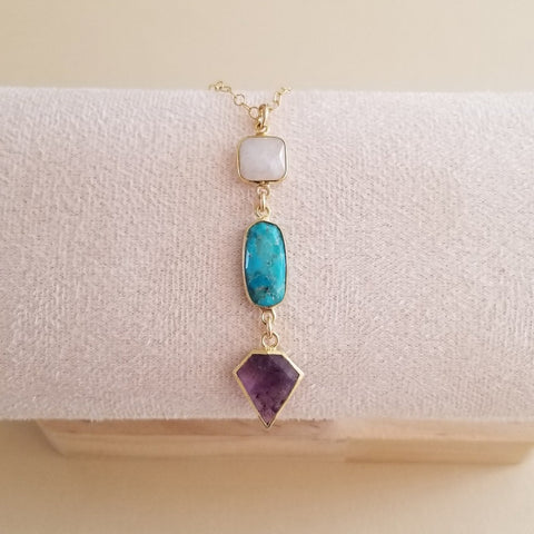 Moonstone Turquoise and Amethyst Necklace, Long Gemstone Pendant Necklace