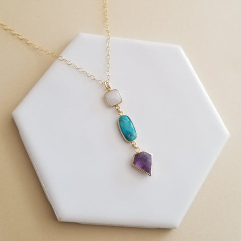 Moonstone Turquoise and Amethyst Necklace, Long Gemstone Pendant Necklace