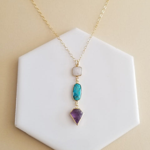 Handmade Moonstone Turquoise and Amethyst Necklace, Long Gemstone Pendant Necklace, Statement Necklace