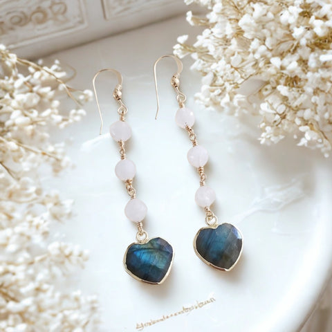 Handmade Moonstone and Labradorite Heart Dangle Earrings