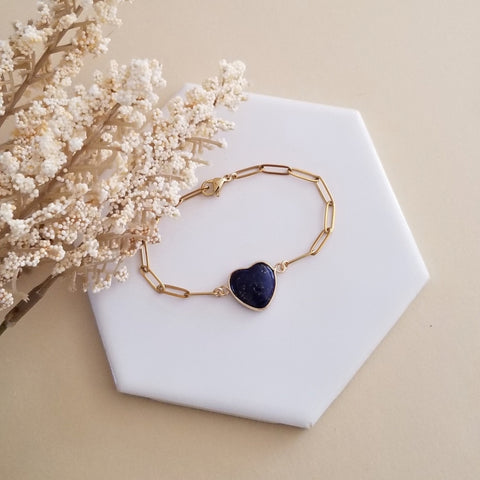 Lapis Lazuli Heart Bracelet, Stainless Steel Paperclip Chain Silver or Gold