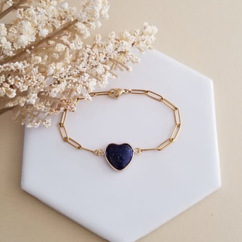 Lapis Lazuli Heart Bracelet, Stainless Steel Paperclip Chain Silver or Gold
