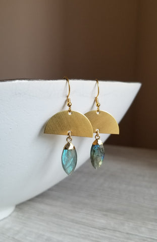 Gold Labradorite Earrings, Half Moon Gemstone Dangle Earrings