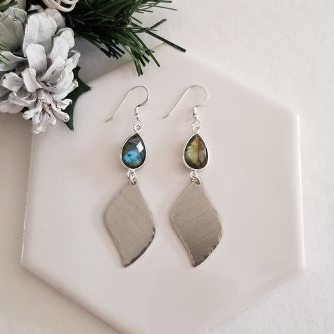 Labradorite Earrings, Handmade Petal Shape Dangle Earrings