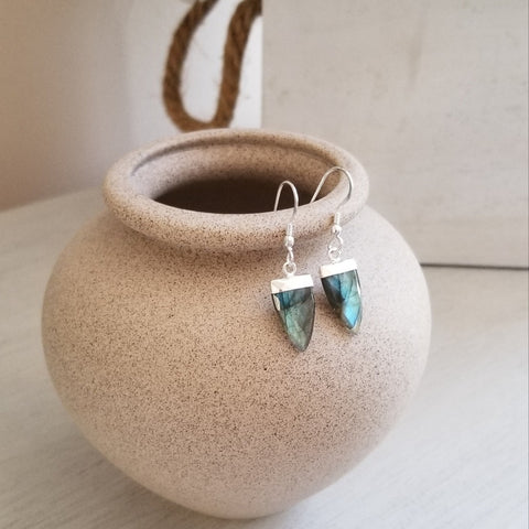 Labradorite Earrings, Arrow Shaped Labradorite Dangle Earrings, Boho Gemstone Earrings, Healing Crystal Jewelry, Small Stone Earrings
