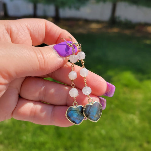 Handmade Moonstone and Labradorite Heart Dangle Earrings
