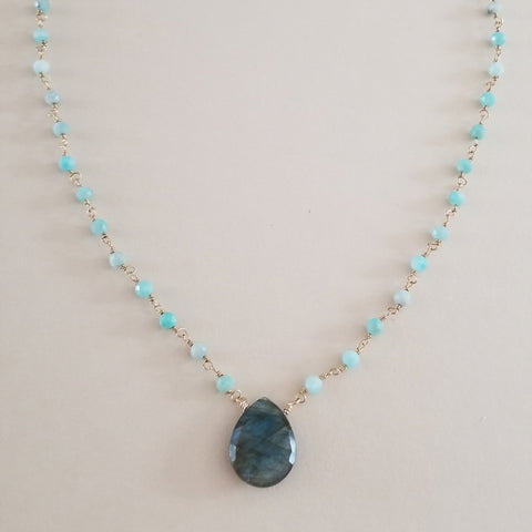 Boho Amazonite and Labradorite Necklace, Handmade Beaded Necklace with Teardrop Stone