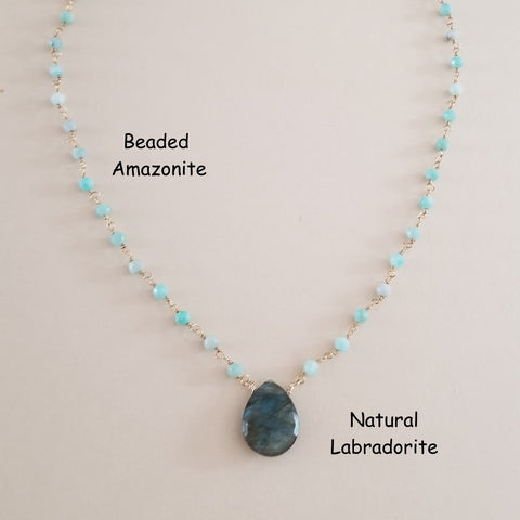 Boho Amazonite and Labradorite Necklace, Handmade Beaded Necklace with Teardrop Stone