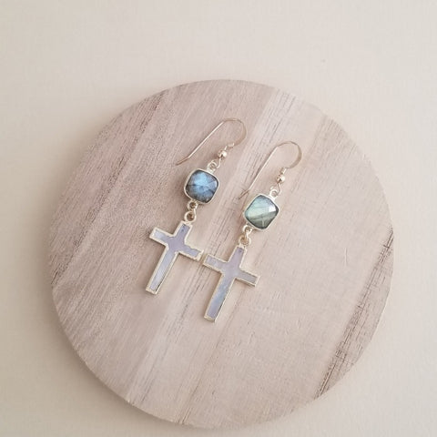 Handmade Labradorite and Mother of Pearl Cross Earrings, Lightweight Dangle Earrings